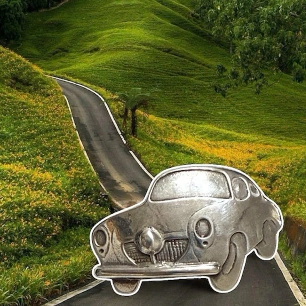 Car brooch silver-tone metal
